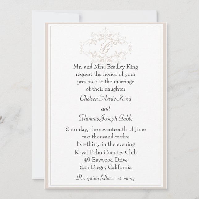 Simple Light Tan Monogram Wedding Invitation (Front)