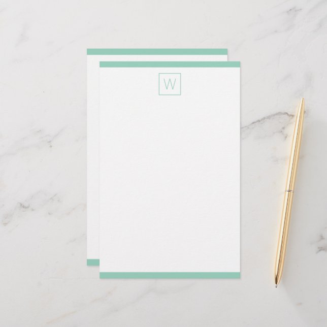 Simple Light Teal and White Monogram Stationery (Front/Back In Situ)