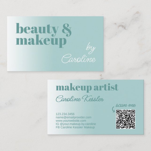 Simple Light Teal Blue Green White Calligraphy Business Card (Front/Back)