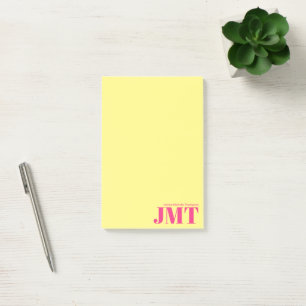 Simple Light Yellow and Bright Pink Name Monogram Post-it Notes