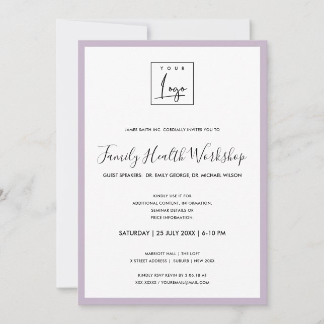 SIMPLE LILAC LAVENDER YOUR LOGO WORKSHOP EVENT INVITATION (Front)