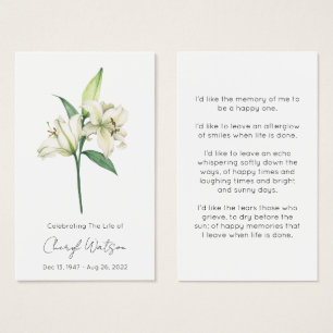 Simple Lily Funeral Memorial Prayer Card
