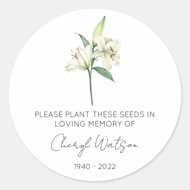 Simple Lily Memorial Seed Packet Classic Round Sticker (Front)