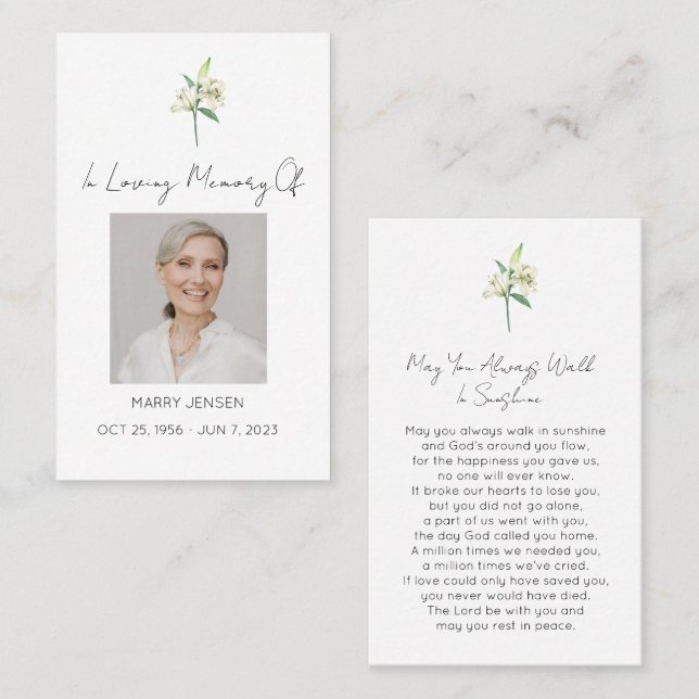 Simple Lily Photo Funeral Prayer Card (Front/Back)