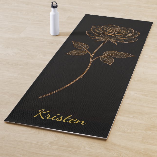 Simple Line Art Rose Custom Name Yoga Mat (In Situ)