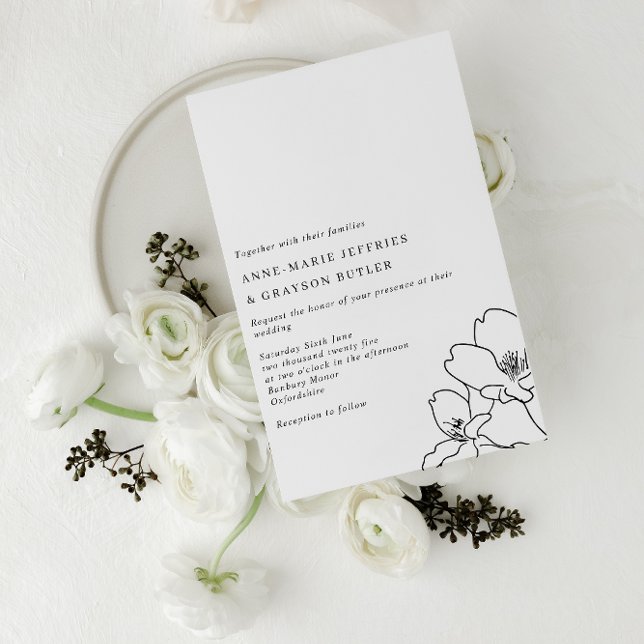 Simple Line Drawn Black and White Flowers Wedding Invitation (Creator Uploaded)