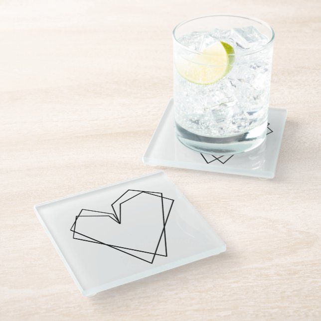 Simple Line Heart Double Black White Glass Coaster (Angled)