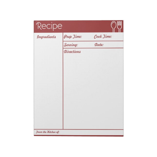 Simple Line-less Red Recipe Page Notepad (Rotated)