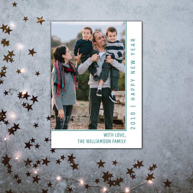 Simple Line New Year's Photo Card | Teal (Simple Line New Years Photo Card - Teal)