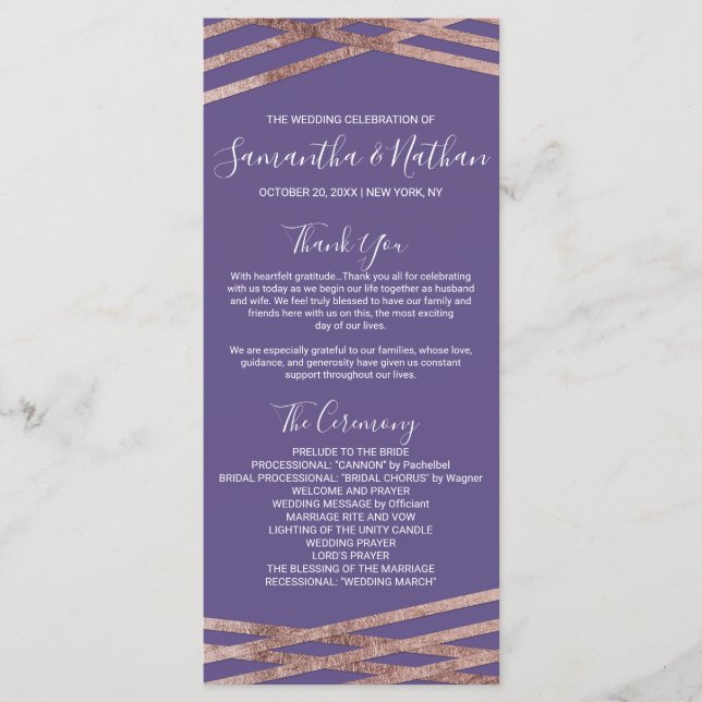 Simple Lined Rose Gold Violet Wedding Programs Programme (Front)