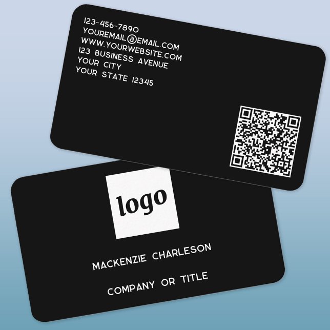 Simple Logo and QR Code Business Card (Logo QR code custom text professional minimalist black business card)