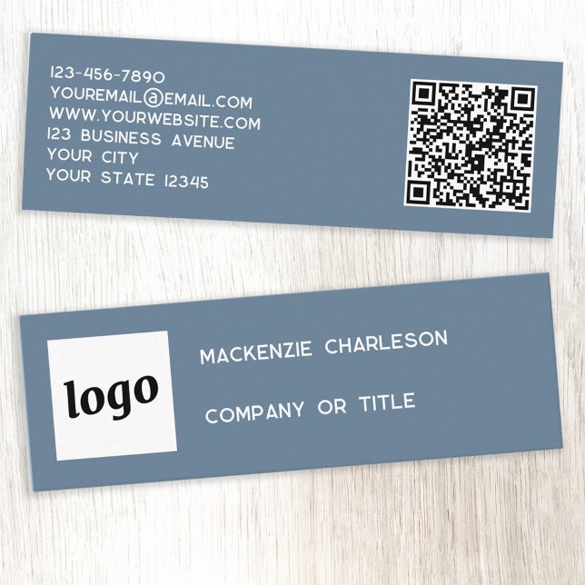 Simple Logo and QR Code Dusty Blue Grey Mini Business Card (Logo QR code with custom text blue gray professional mini business card)