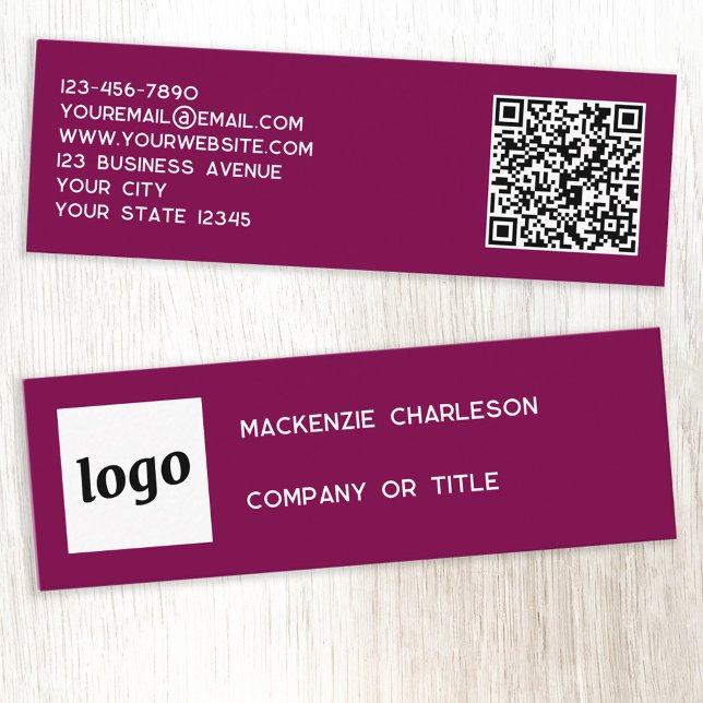 Simple Logo and QR Code Magenta Cherry Pink Mini Business Card (Simple logo QR code custom text professional branding mini business card dark cherry pink magenta)