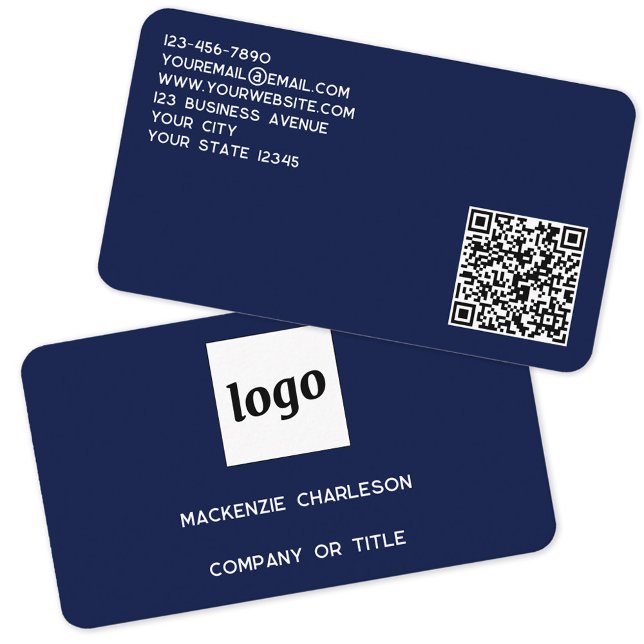 Simple Logo and QR Code Navy Blue Business Card (Simple logo with custom text and QR code professional navy blue business card)