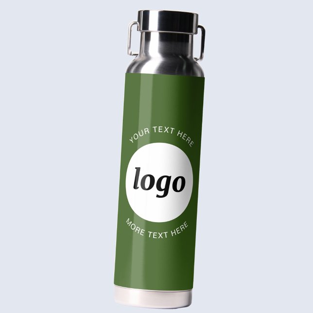 Simple Logo and Text Business Forest Green Water Bottle (Logo with custom text business branding water bottle in forest green)