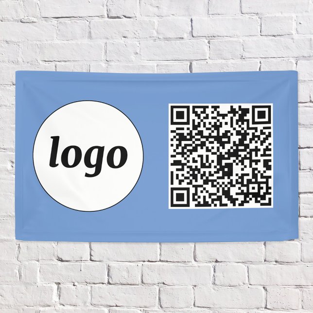 Simple Logo and Text Business QR Blue Banner (Logo QR code business promotional branding banner)
