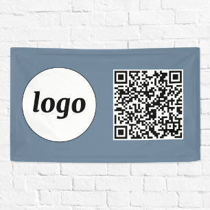 Simple Logo and Text Business QR Code Dusty Blue Banner