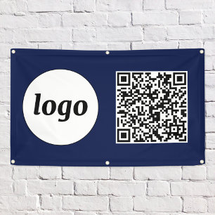 Simple Logo and Text Business QR Code Navy Blue Banner