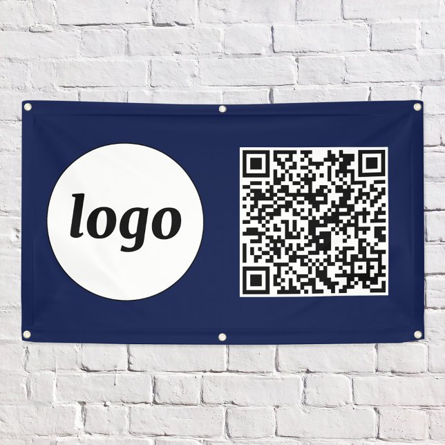 Simple Logo and Text Business QR Code Navy Blue Banner (Simple logo with QR code navy blue business promotional banner)