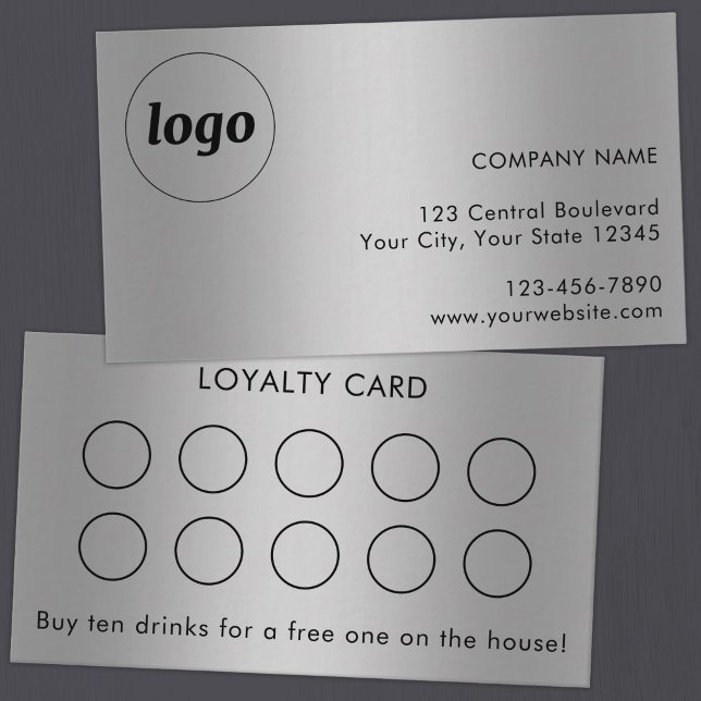 Simple Logo and Text Customer Loyalty Card Silver (Simple logo with custom text business branding promotional loyalty card with silver finish)