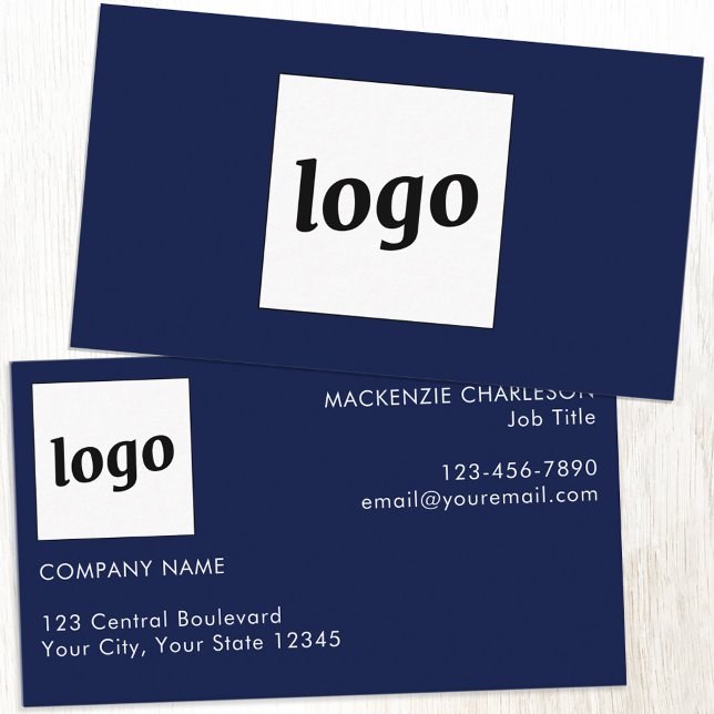Simple Logo and Text Navy Blue Business Card (Simple logo with custom text professional navy blue business card)