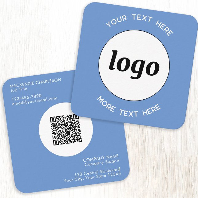 Simple Logo and Text QR Code Blue Square Business Card (Simple logo with QR code custom text professional branding sky blue business card)