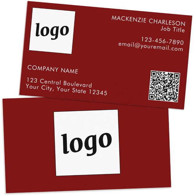 Simple Logo and Text QR Code Dark Burgundy Red Business Card (Simple logo QR code custom text professional branding business card dark burgundy red)