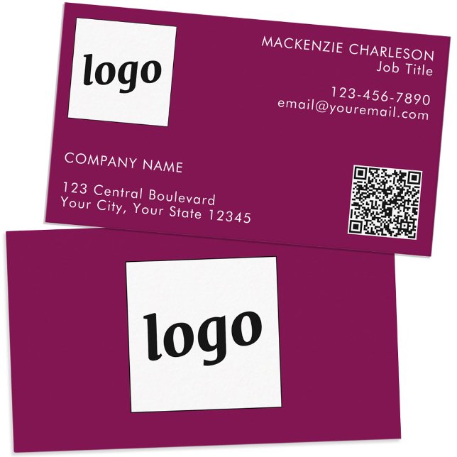 Simple Logo and Text QR Code Dark Cherry Pink Business Card (Simple logo custom text professional branding business card dark cherry magenta pink)