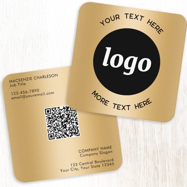 Simple Logo and Text QR Code Gold Square Business Card (Simple logo with custom text qr code business branding promotional gold effect square business card)