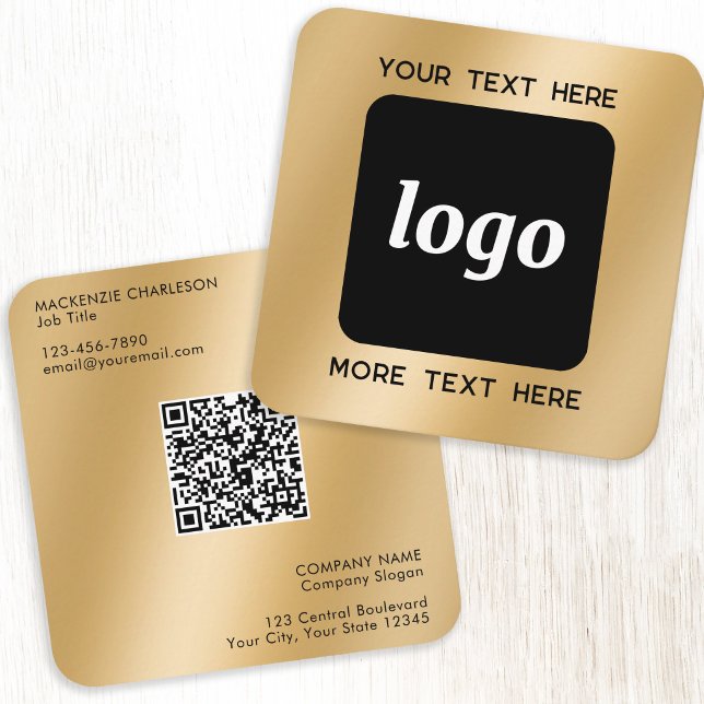 Simple Logo and Text QR Code Gold Square Business Card (Simple logo with custom text QR code business branding promotional gold effect square business card)