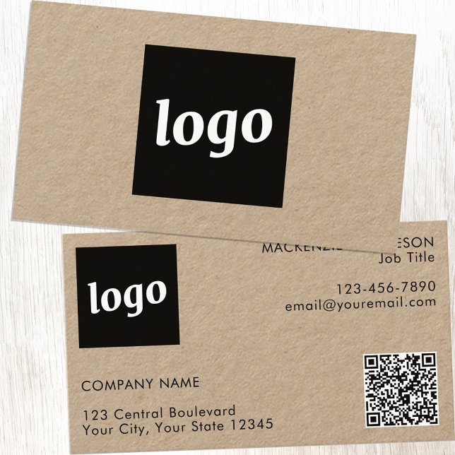 Simple Logo and Text QR Code Kraft Business Card (Logo with QR code and custom text Kraft business cards)