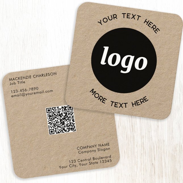 Simple Logo and Text QR Code Kraft Square Business Card (Logo Qr code and text custom square Kraft business cards)