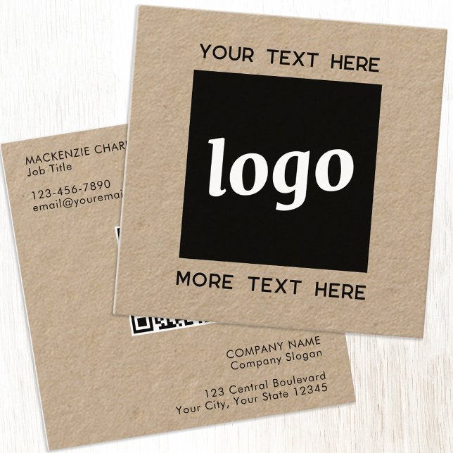 Simple Logo and Text QR Code Kraft Square Business Card (Simple logo with text and QR code square Kraft business cards)