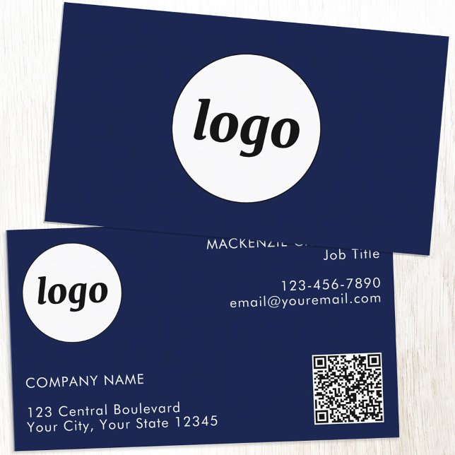 Simple Logo and Text QR Code Navy Blue Business Card (Simple logo with custom text and QR code navy blue professional business card)