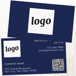 Simple Logo and Text QR Code Navy Blue Business Card