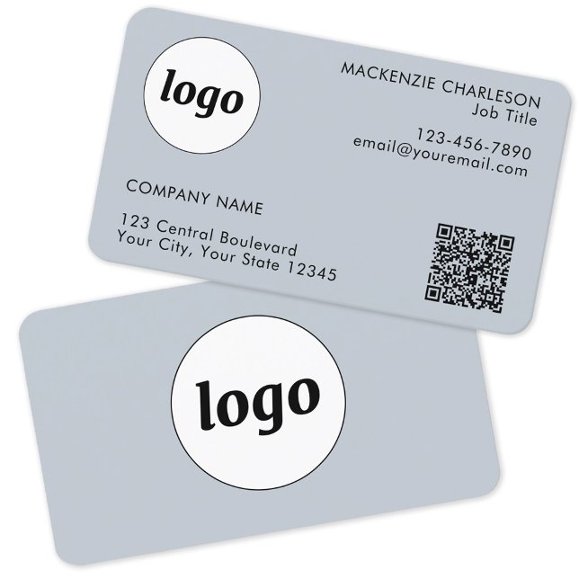 Simple Logo and Text QR Code Powder Blue Business Card (Logo and QR code custom text professional business card)