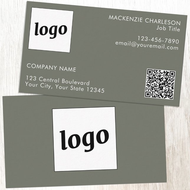 Simple Logo and Text QR Code Sage Green Business Card (Logo QR code with custom text sage green minimalist modern business card)