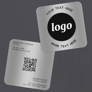 Simple Logo and Text QR Code Silver Square Business Card