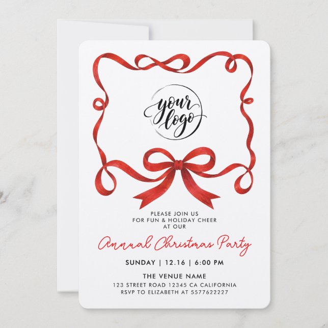 Simple Logo Christmas Red Ribbon Bow Calligraphy Invitation (Front)