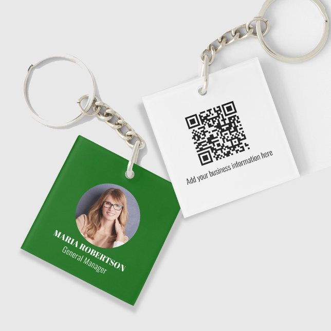 Simple Logo Minimalist QR Code Green Key Ring (Green photo or logo keychain with QR code. Great for business professionals. )