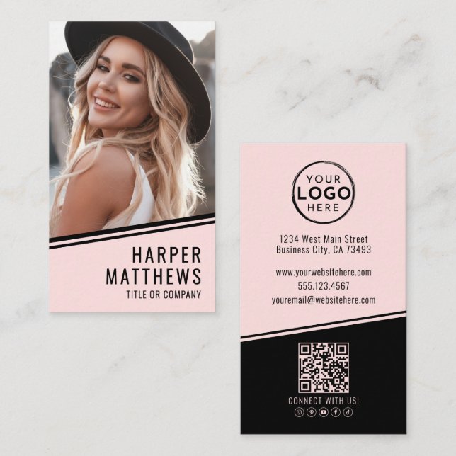 Simple Logo QR Code Blush Pink Business Card (Front/Back)