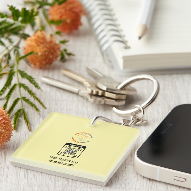 Simple Logo QR Code Business Light Yellow Keychain (Front Right)