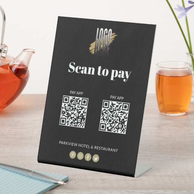 Simple Logo Scan to Pay Apps 2 QR Codes Black  Pedestal Sign (In SItu)