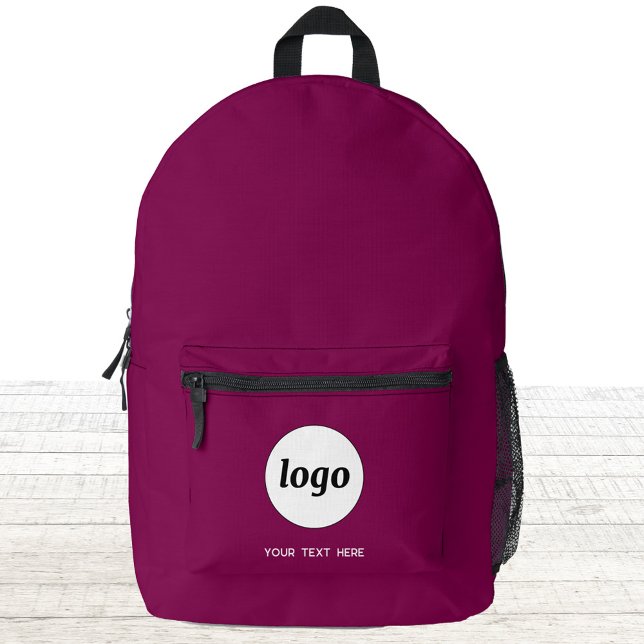 Simple Logo Text Promotional Business Magenta Pink Printed Backpack (Simple logo with custom text business branding promotional dark magenta pink burgundy backpack)