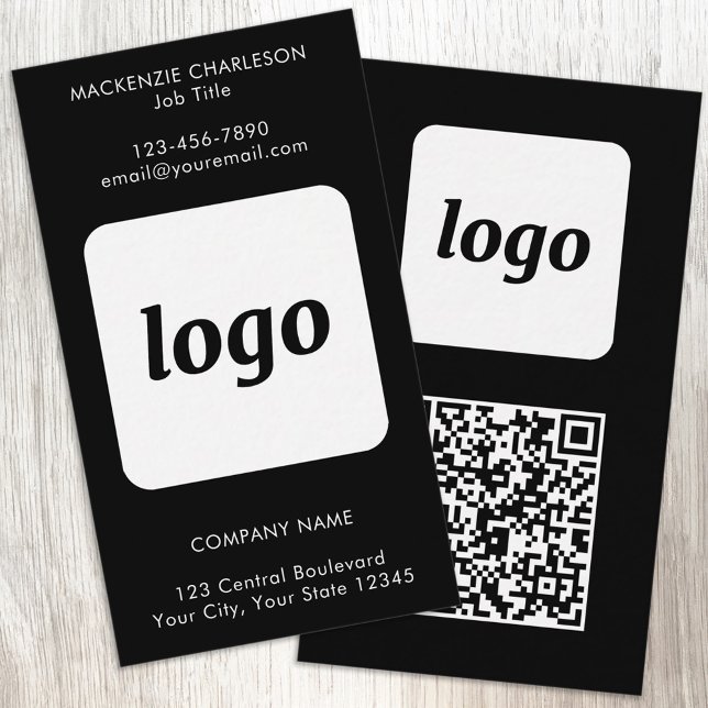 Simple Logo Text QR Code Vertical Black Business Card (Simple logo with custom text and QR code business branding promotional vertical black business cards)
