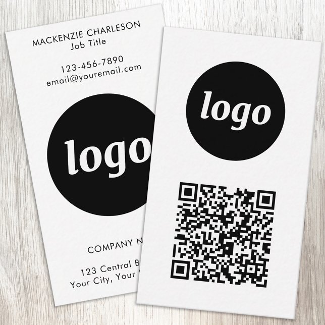 Simple Logo Text QR Code Vertical Format Business Card (Simple logo with custom text and QR code business branding promotional vertical business cards)