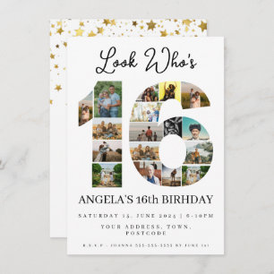 simple look who's 16 Photo Collage teen birthday Invitation