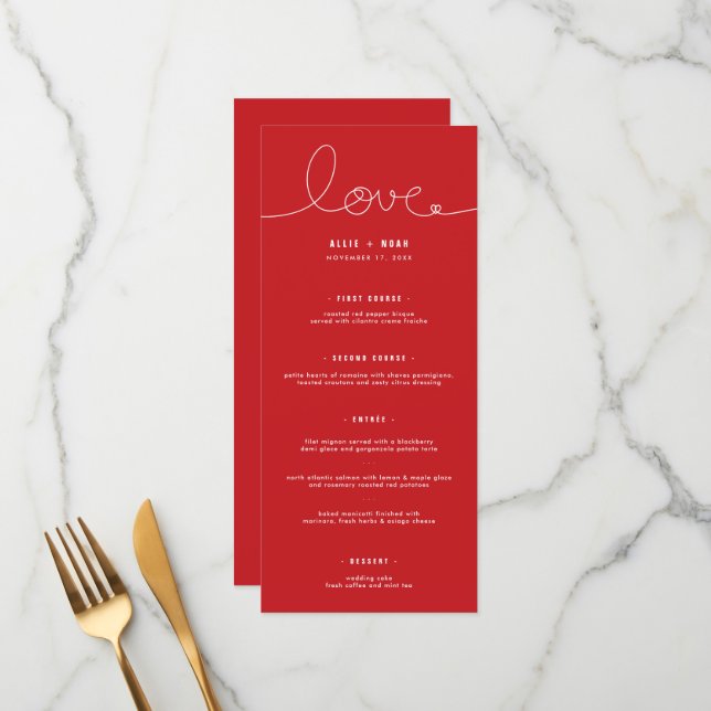 Simple Loopy Love Heart On Red Minimalist Wedding Menu (Front/Back In Situ)