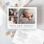 Simple Love and Thanks 3 Photo Baby Thank You Postcard<br><div class="desc">Simple Love and Thanks 3 Photo Baby Thank You Card featuring simple modern type and 3 pictures on the front. The back is a mailable postcard with a large full name header and personal message from the family. Click the edit button to customise this design with your photos and details....</div>
