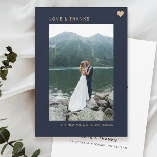 Simple Love and Thanks Heart Photo Navy Thank You Card